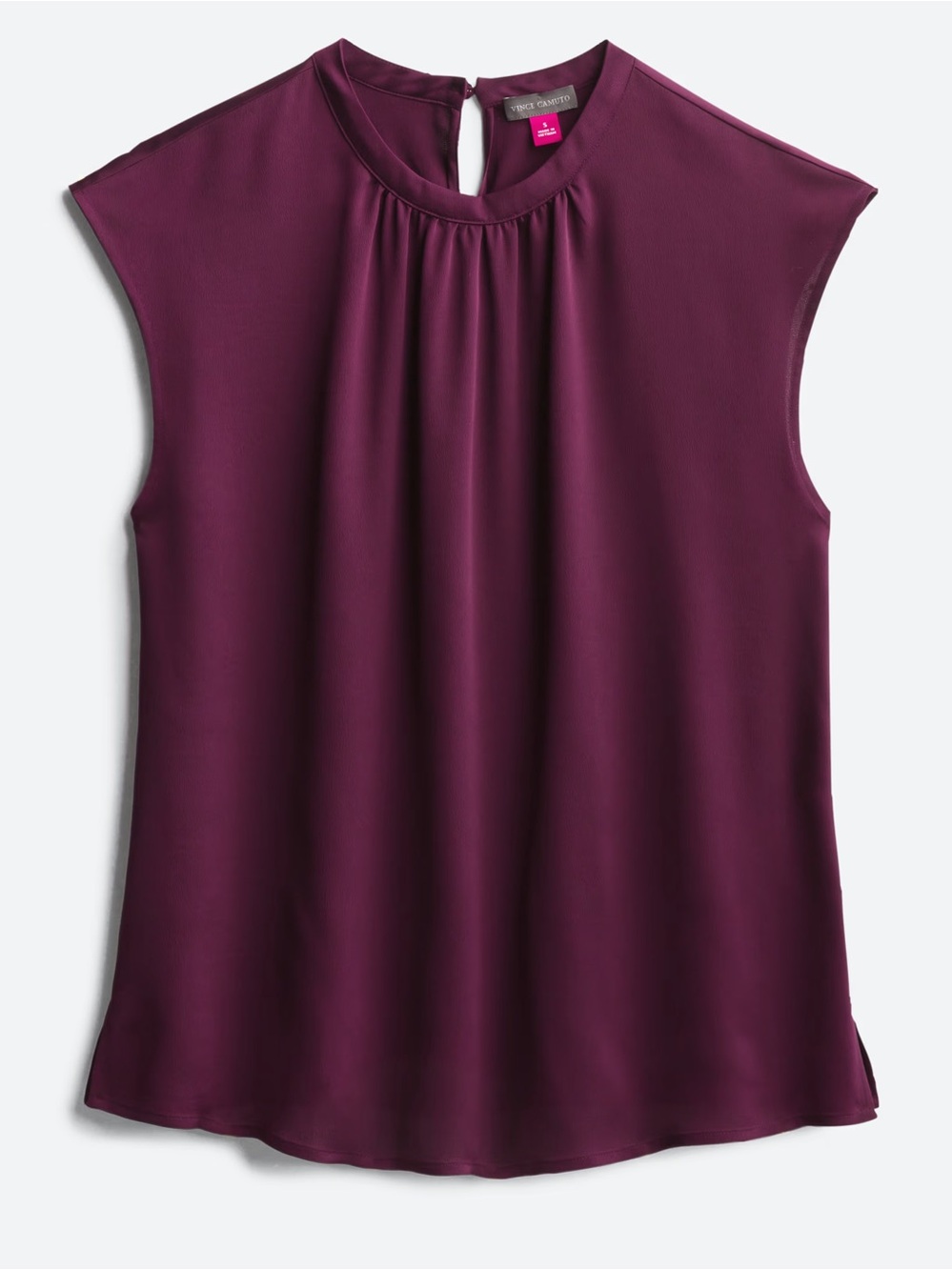 Vince Camuto Cathea Blouse Burgundy Cap Sleeve Pleated High Neck Quiet Luxury
